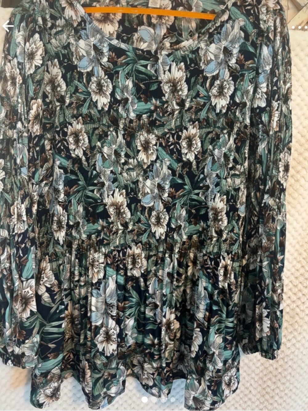 Spense Floral Long-Sleeve Tiered Shirt in Teal, Navy and Cream